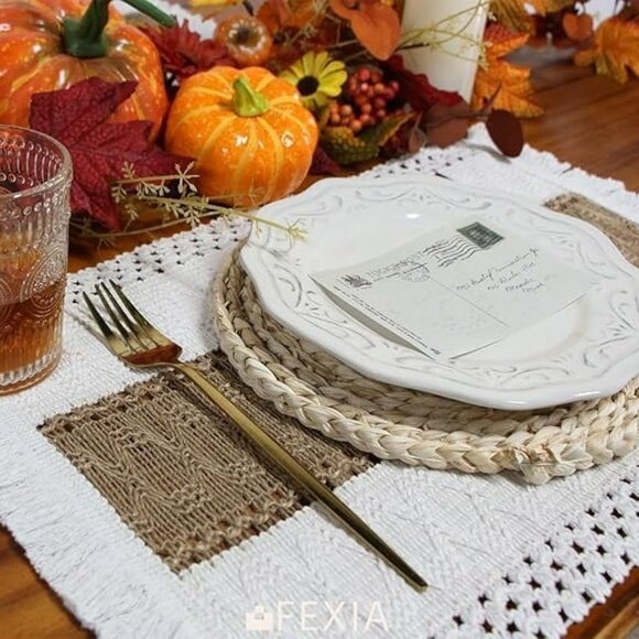 Boho Placemats Set of 6, Macrame Table Decor Farmhouse Style Placemats in Natura - Picture 2 of 8